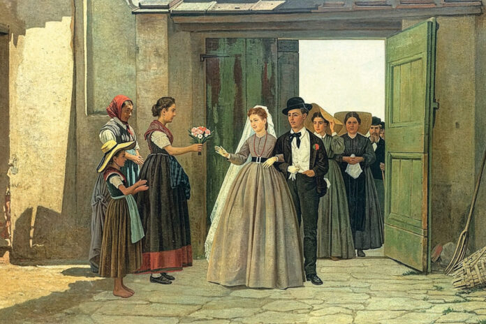 Quadro di Silvestro Lega con due sposi che camminano a braccetto